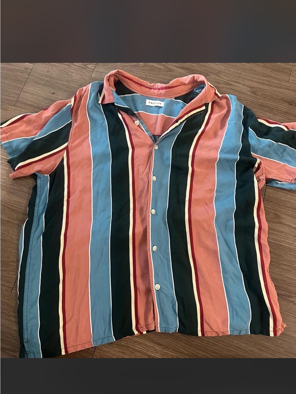 PacSun Vertical Stripe Short-Sleeve Button-Up in Coral, Blue & Black